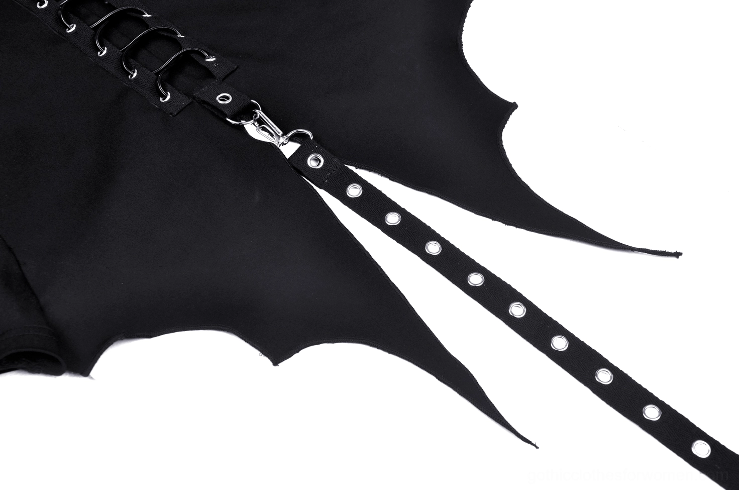 Metal D-ring hardware and studded strap detail on gothic crop top - close-up view