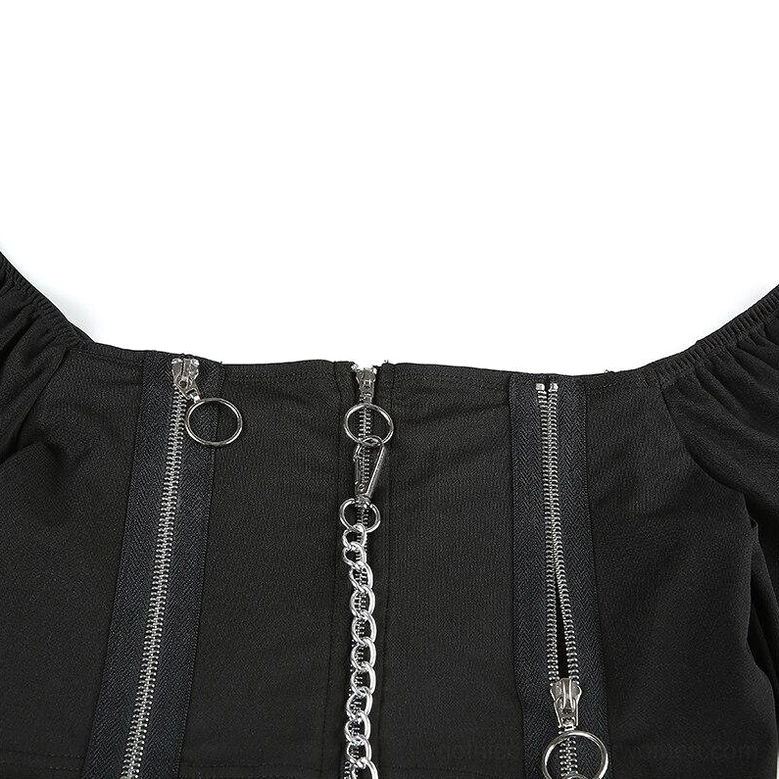 Close-up detail of silver metal zippers, O-rings and chain decoration on gothic crop top
