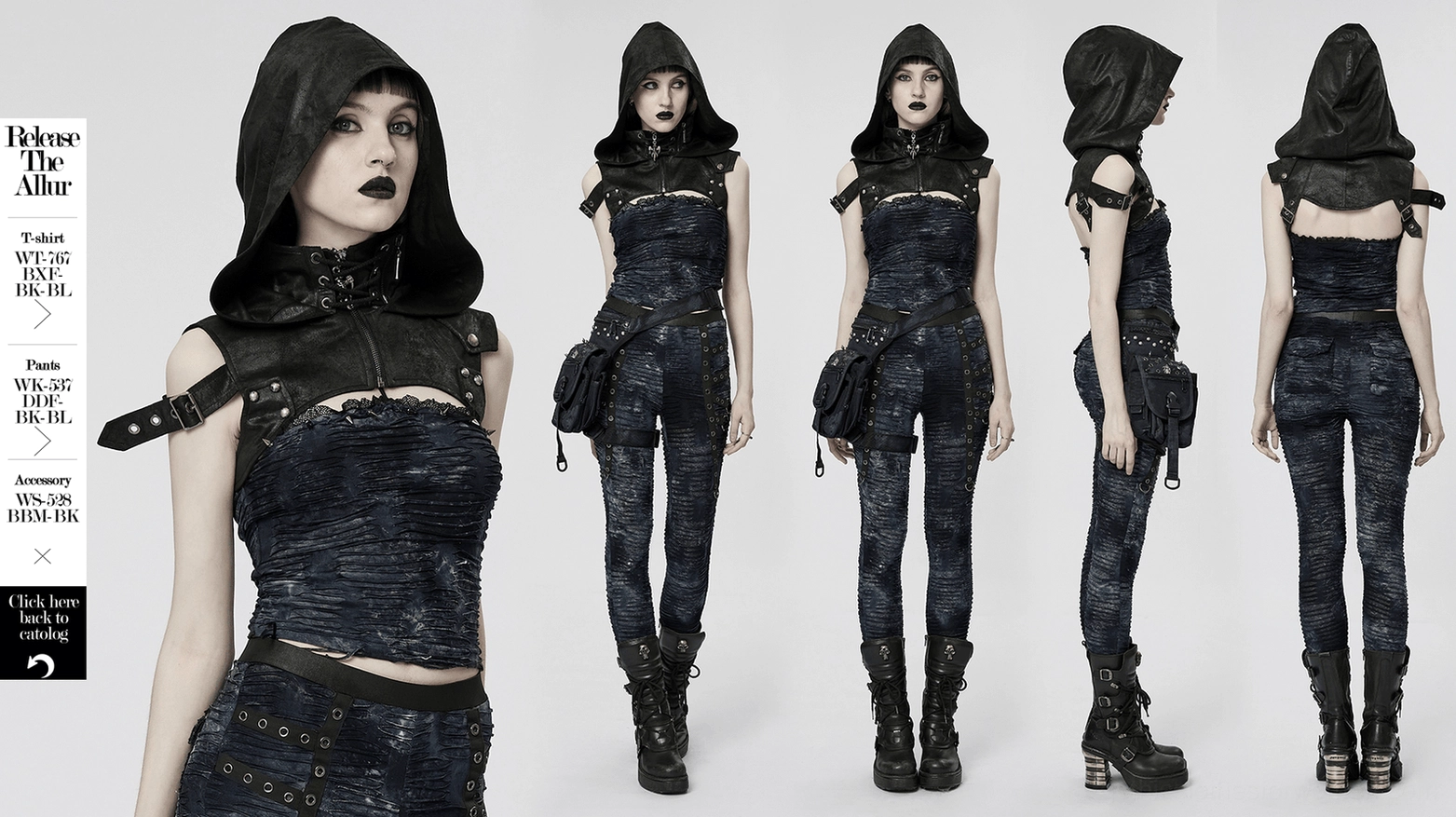 Gothic crop top harness in black faux leather with hood and skull charm - full product presentation