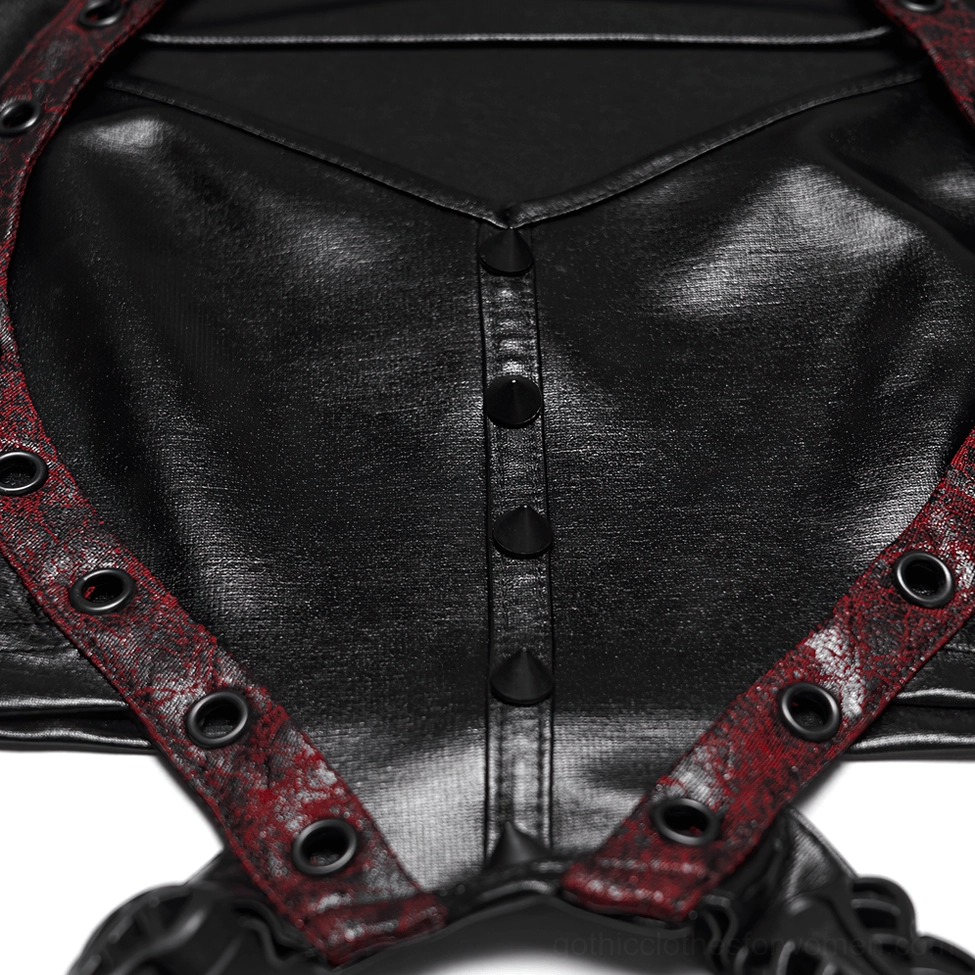 Front close-up of heart-shaped faux leather bust panel with button closure and wine-red trim detail