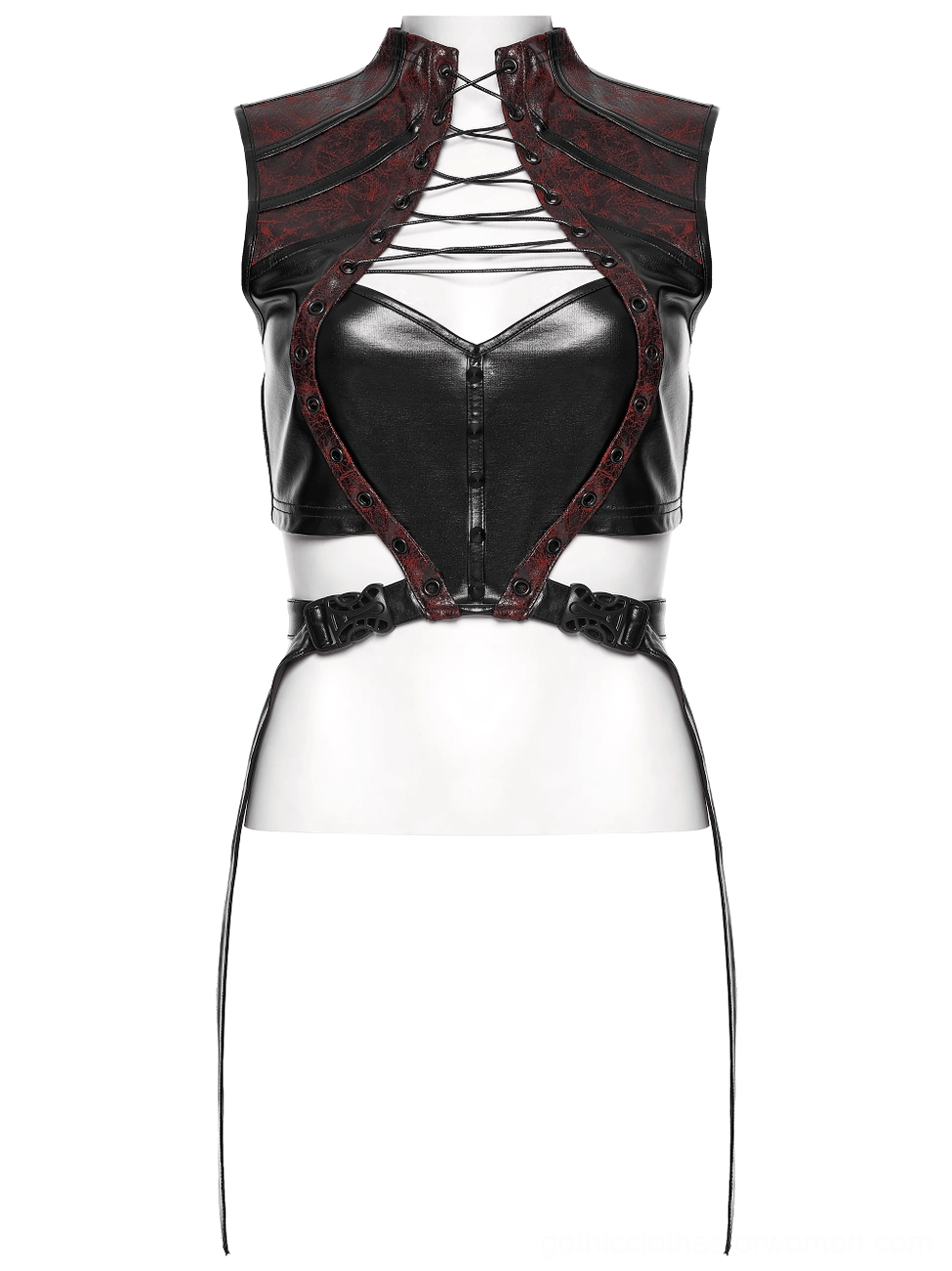 Front mannequin view of black faux leather crop top with heart-shaped bust and crisscross lace-up neckline