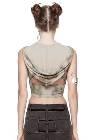 Hooded crop top back view with hollow back cutout, worn by model with dark jeans, showcasing draped hood detail