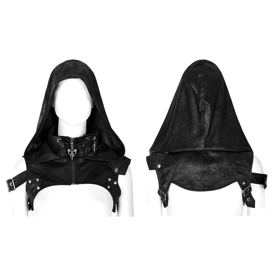 Gothic crop top harness vest front flat lay on mannequin displaying hooded design and skull pendant closure