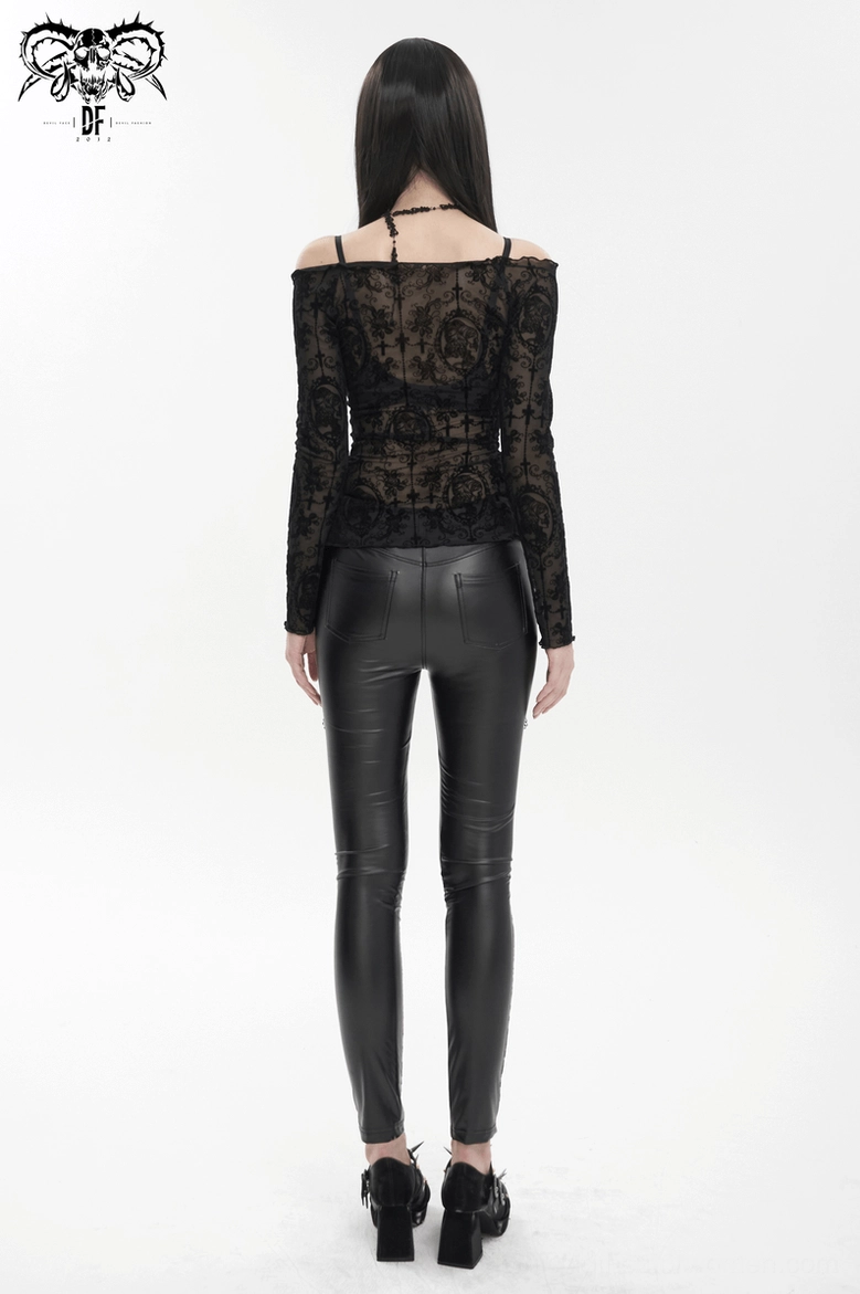Black off-shoulder gothic lace crop top detail shot, sheer fabric texture and drawstring ruching