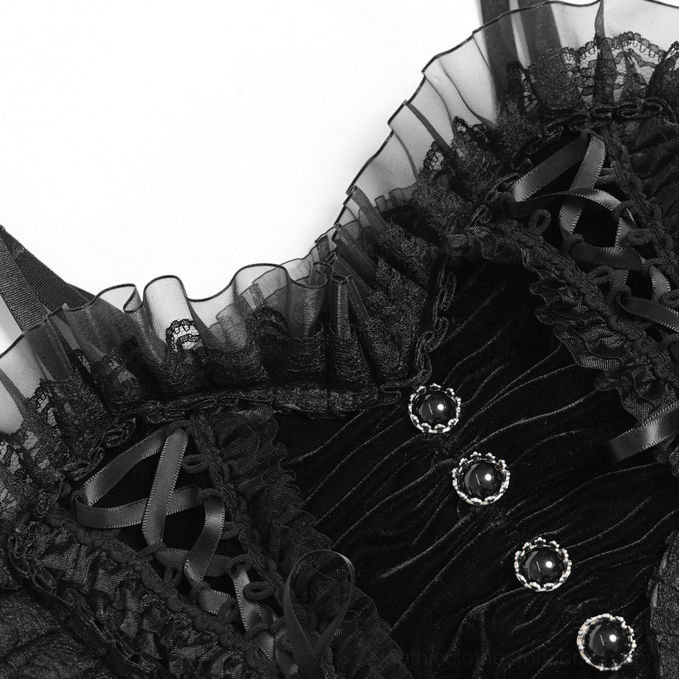 Macro detail shot of gothic lace crop top trim showcasing sheer mesh, ribbon lace construction, and metal button fasteners