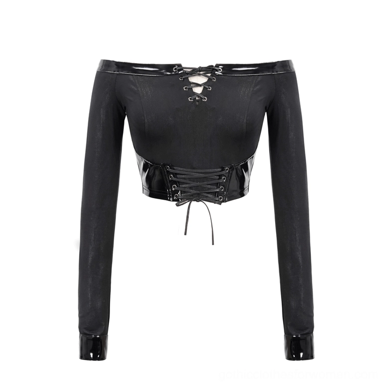 Flat lay front view of black gothic crop top with long fitted sleeves and metal eyelet lace-up detail