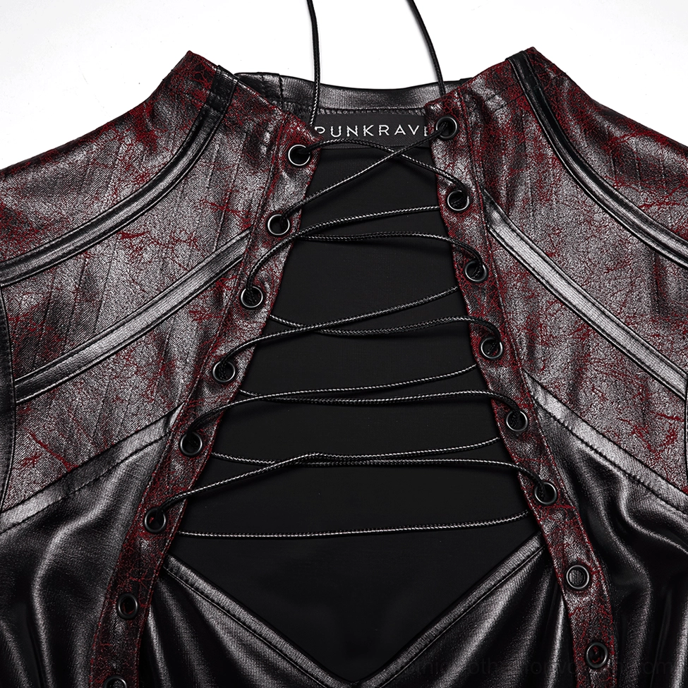 Close-up of crisscross lace-up neckline with wine-red cracked trim and gothic band details