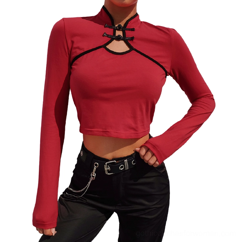 Black and burgundy gothic long sleeve crop top with mandarin collar - front facing view displaying slim fit and ornate frog button closure