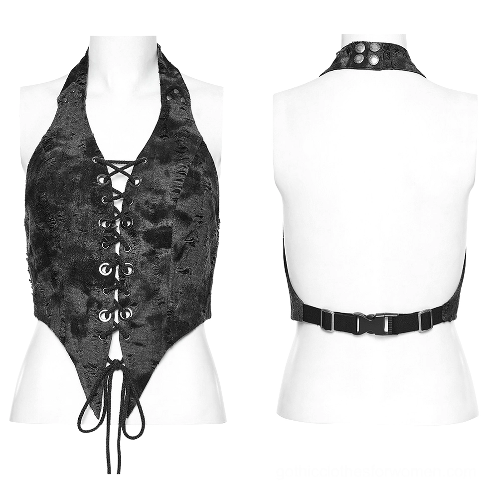 Dark gray distressed halter crop top on mannequin display showing front and back design, pointed hem, and lace-up construction details