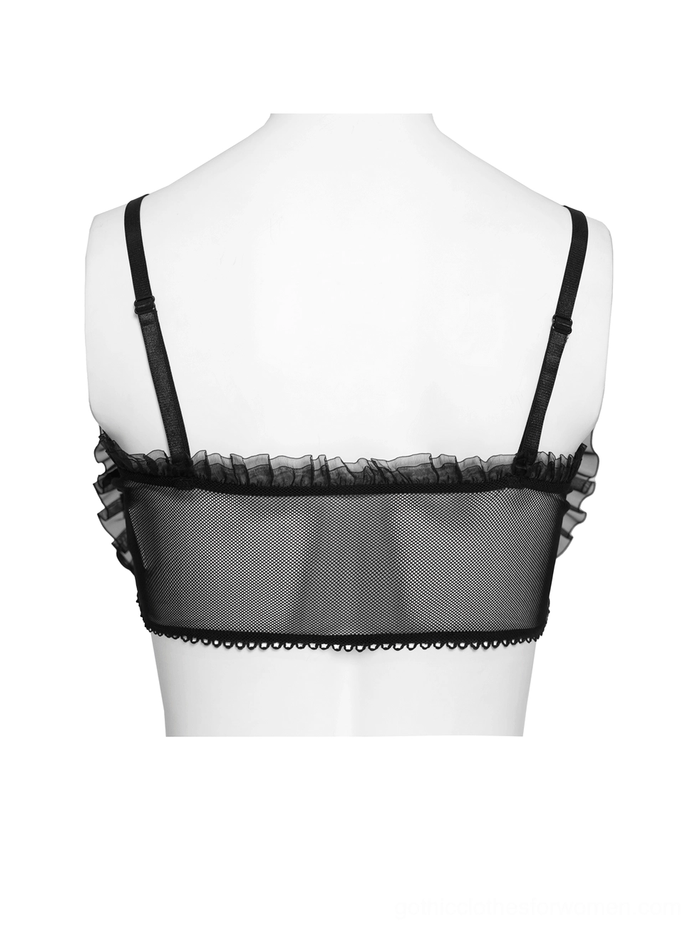 Black gothic lace crop top back panel detail on mannequin revealing sheer mesh fabric and ruffle hem construction