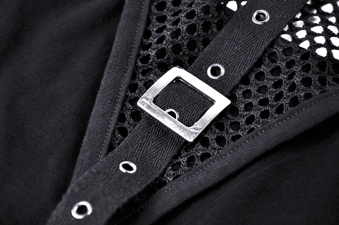 Gothic crop top front metal square buckle fastener with fishnet panel and metal eyelets detail