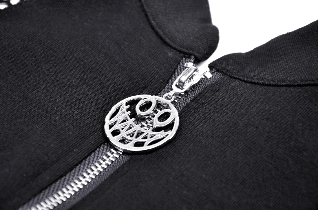 Metal zipper pull with engraved silver charm pendant detail on gothic crop top