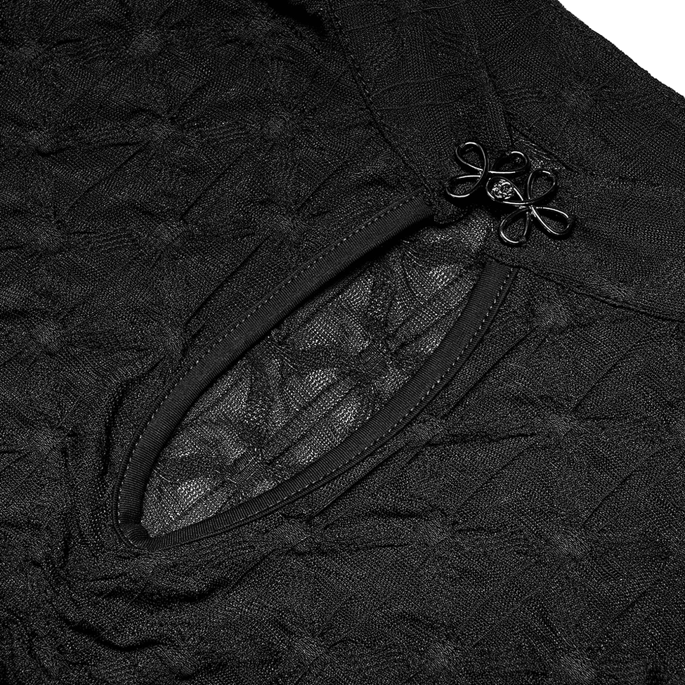 Close-up of black gothic crop top metal knot buckle and keyhole neckline detail, showing decorative hardware and sheer lace surrounding cutout