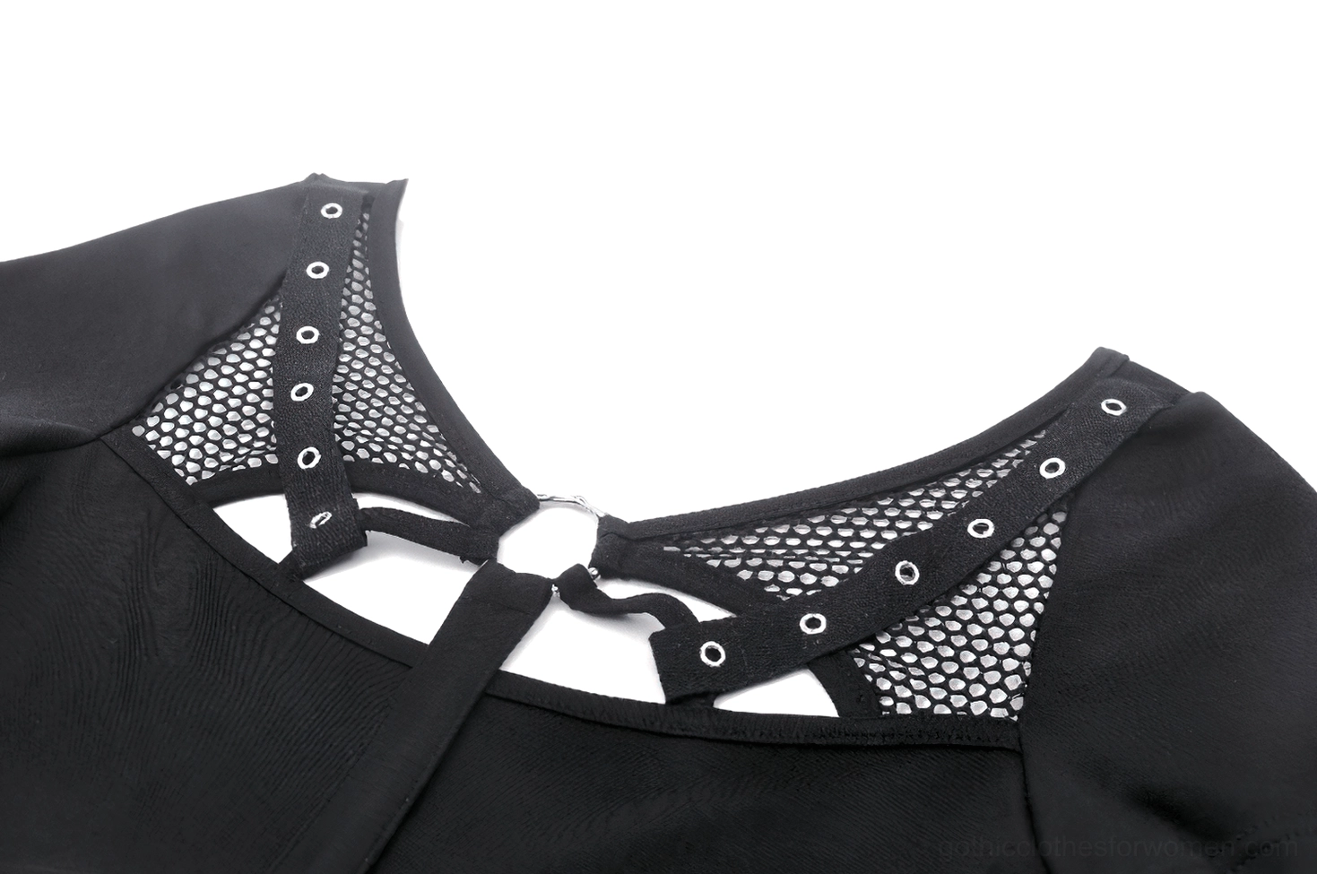 Close-up detail of neckline showing fishnet mesh and metal O-ring cross strap