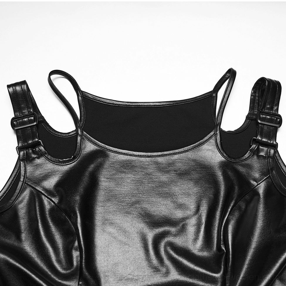 Black rubberized gothic crop top camisole neckline close-up showing glossy faux leather and rounded neckline