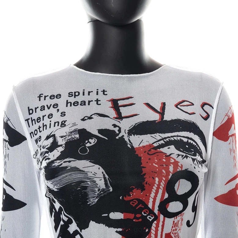 Front close-up of gothic mesh crop top featuring crew neckline and detailed graffiti artwork with portrait and text elements