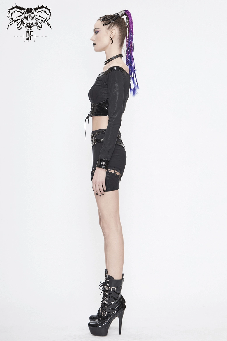 Gothic crop top presentation showing off-shoulder cut and lace-up front with metal hardware detail
