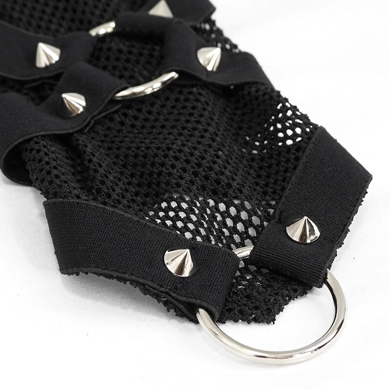 Overlapping studded strap design close-up with cone spike studs on black mesh material