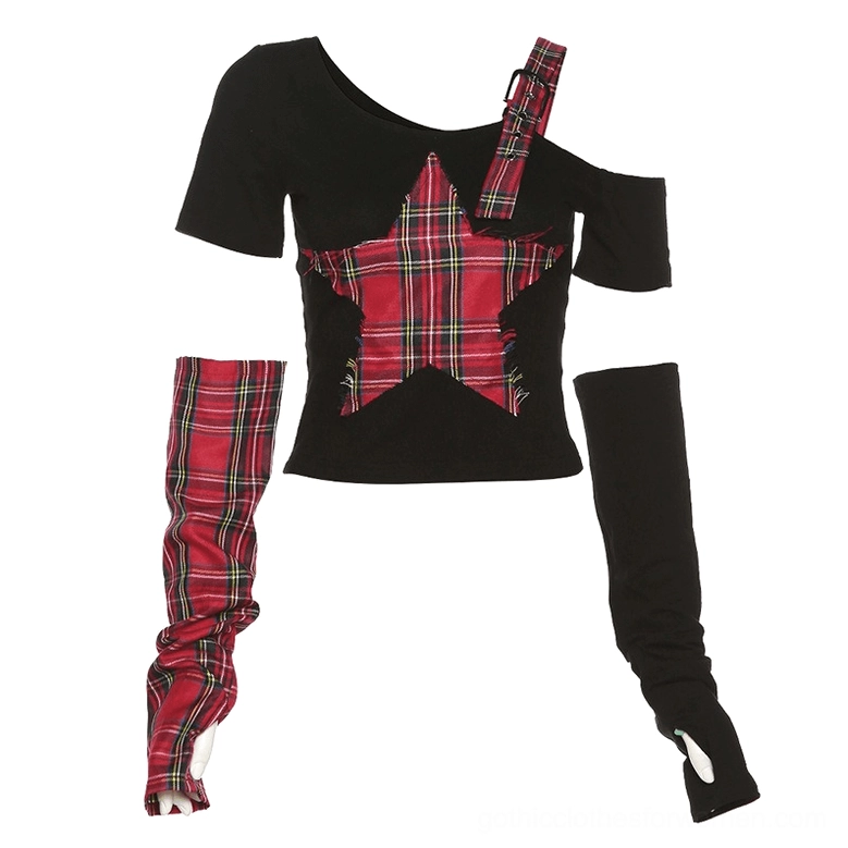 Flat lay product shot of cropped patchwork top showing pentagram design and detachable tartan plaid arm sleeves with solid black sections