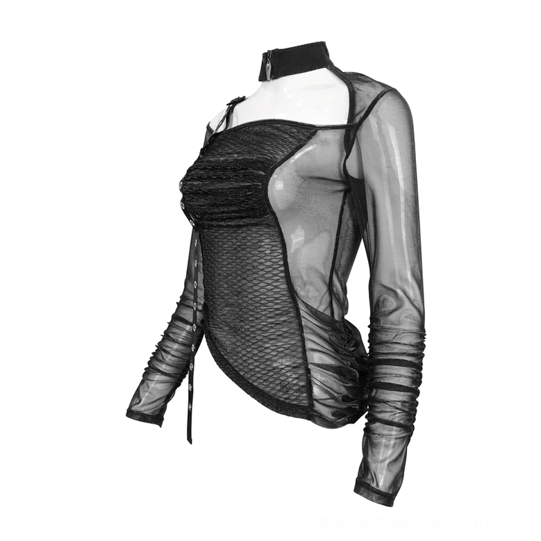 Black one-shoulder gothic mesh crop top on mannequin, front-side angle showing ruched sleeves and eyelet webbing strap