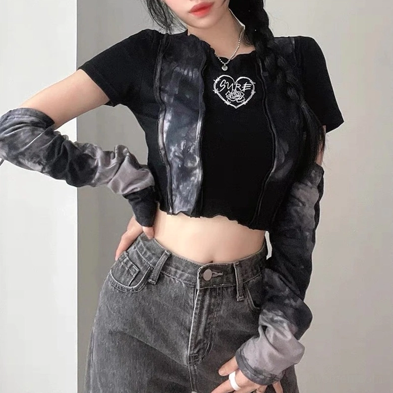 Front view of gothic crop top with ruffled hem and tie-dye details on model