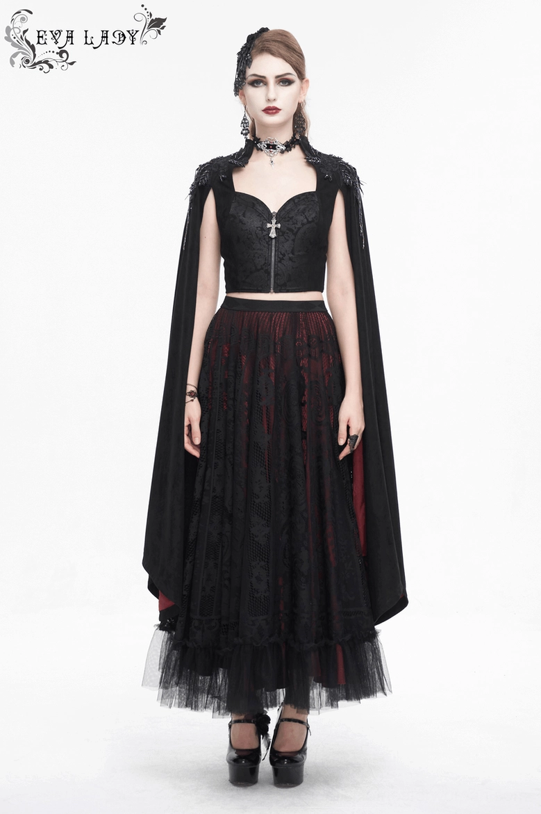Gothic crop top styling view with embroidered shoulder cape detail and bell sleeves