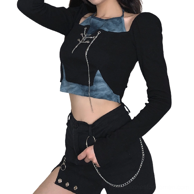 Gothic long sleeve crop top with halter detail and cutout shoulder, side-front perspective displaying chain accents and silhouette