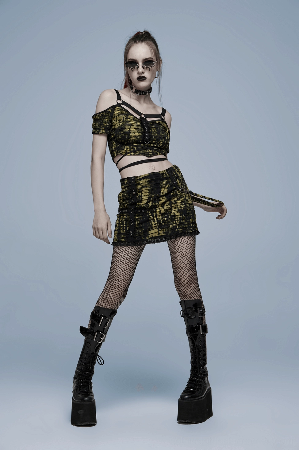 Gothic crop top mannequin side profile showing cropped length and shoulder straps