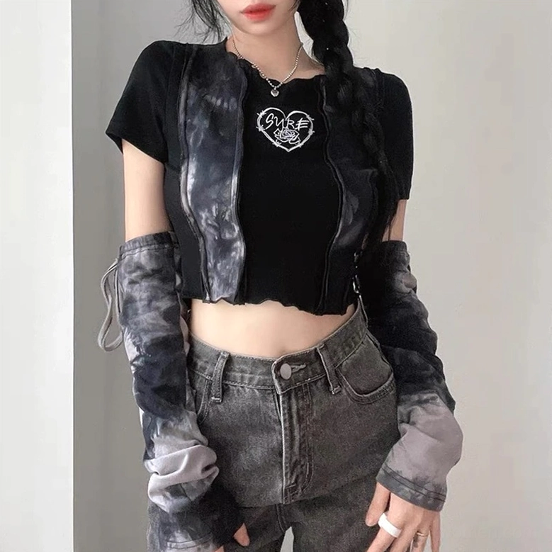 Side view of gothic crop top with tie-dye vest and detachable sleeves showing fitted silhouette