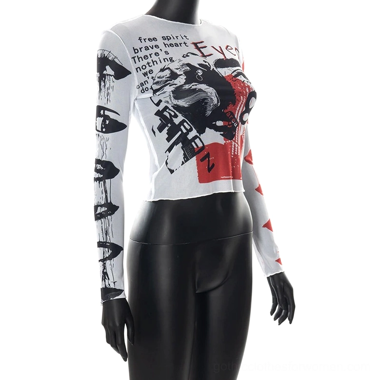 Side view of gothic crop top on mannequin highlighting full-length sleeve construction and graffiti print placement