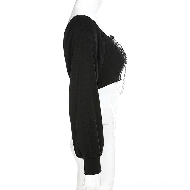 Gothic off-shoulder crop top side profile showing lantern sleeve silhouette