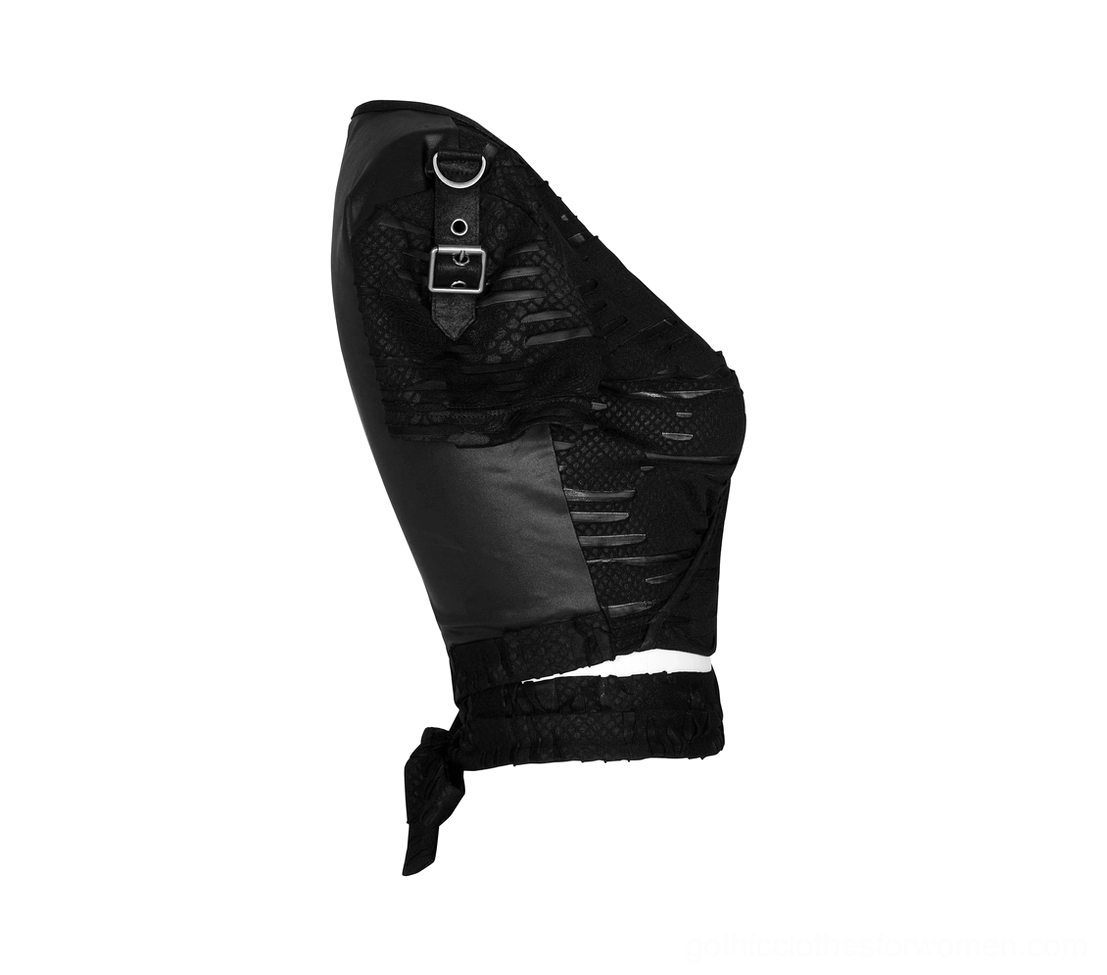 Side profile view of gothic crop top showing buckle strap detail, mixed leather and mesh construction