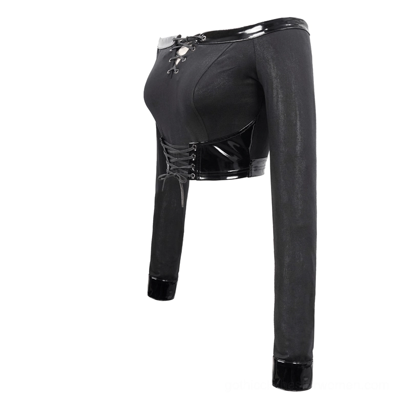 Side view flat lay of gothic crop top showing corset-style waist panel and patent leather cuff accents