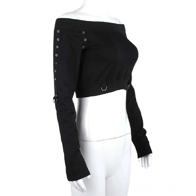 off-shoulder crop top mannequin side three-quarter view gothic style