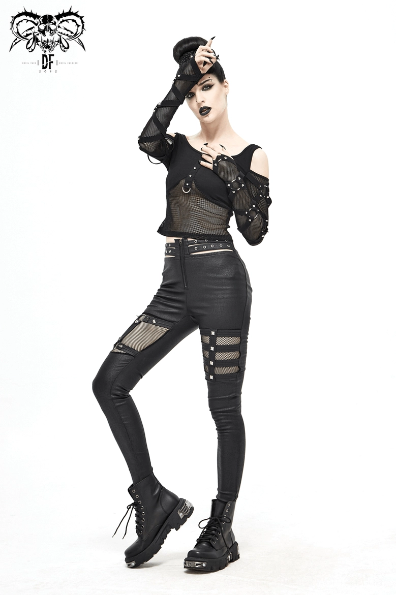 Black mesh crop top side view on model displaying fitted slim construction and mesh panel details