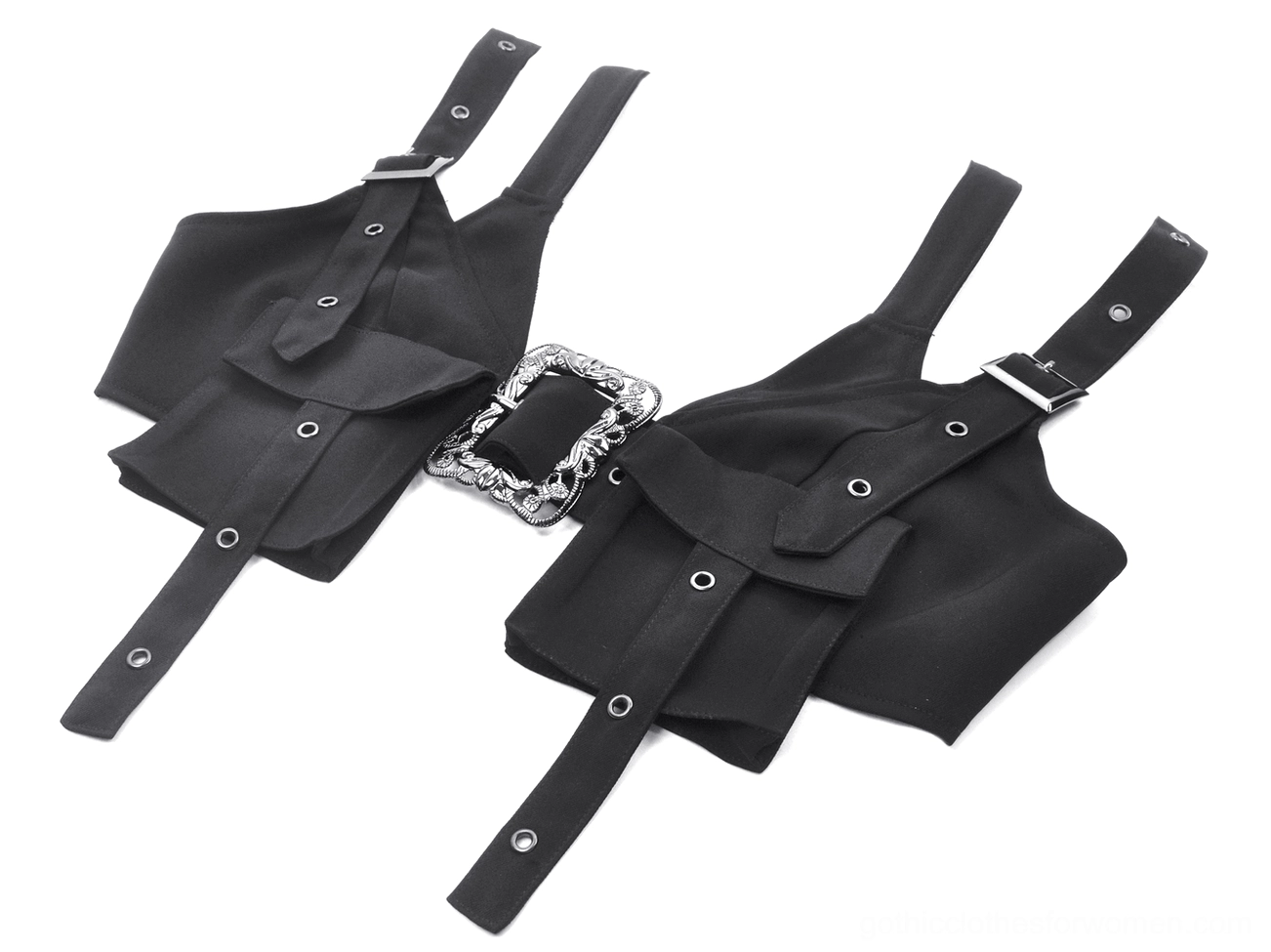 Side flat lay view of black gothic harness crop top with square silver buckles, cargo pockets, and adjustable fabric straps
