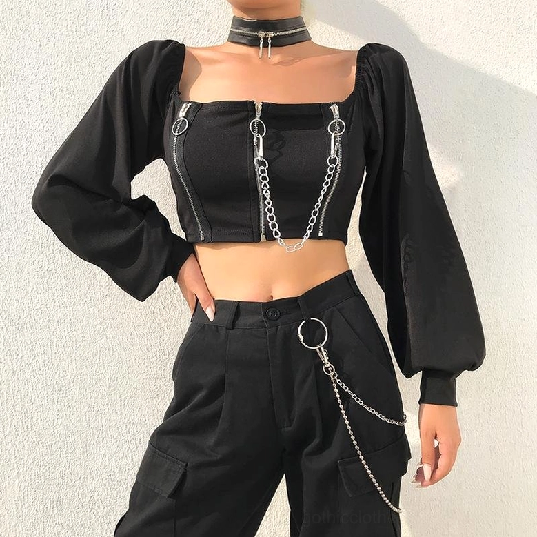 Gothic crop top sizing and fit demonstration on model