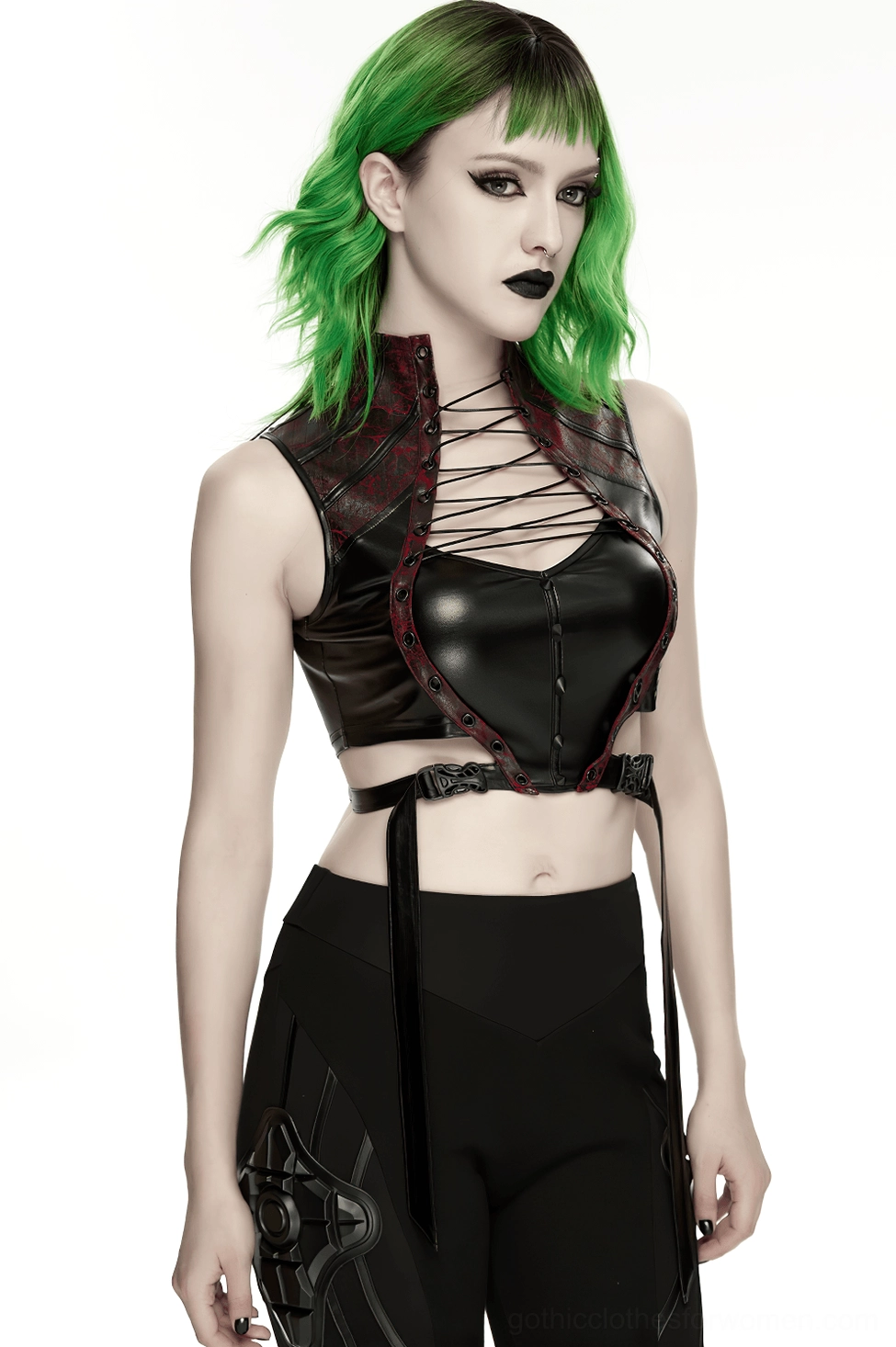 Black and wine red lace-up faux leather gothic crop top structured front silhouette detail