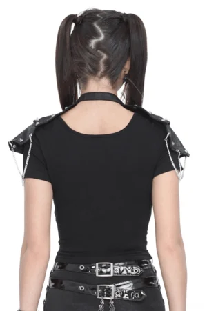 Black goth crop top rear view - model wearing dual leather belts with metal studded pads and hanging chains