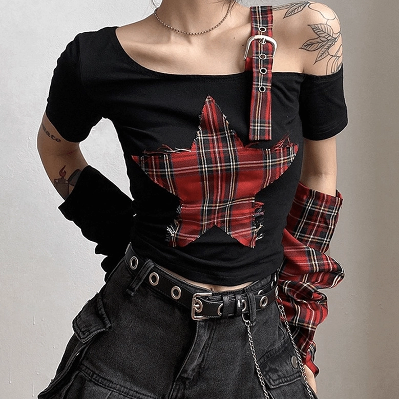 Styled view of gothic patchwork crop top with arm sleeves and metal hardware, demonstrating complete layered look for alternative fashion