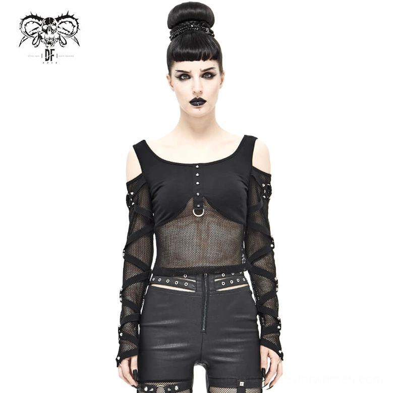 Black mesh gothic crop top styled on female model with leather pants and complete alternative outfit
