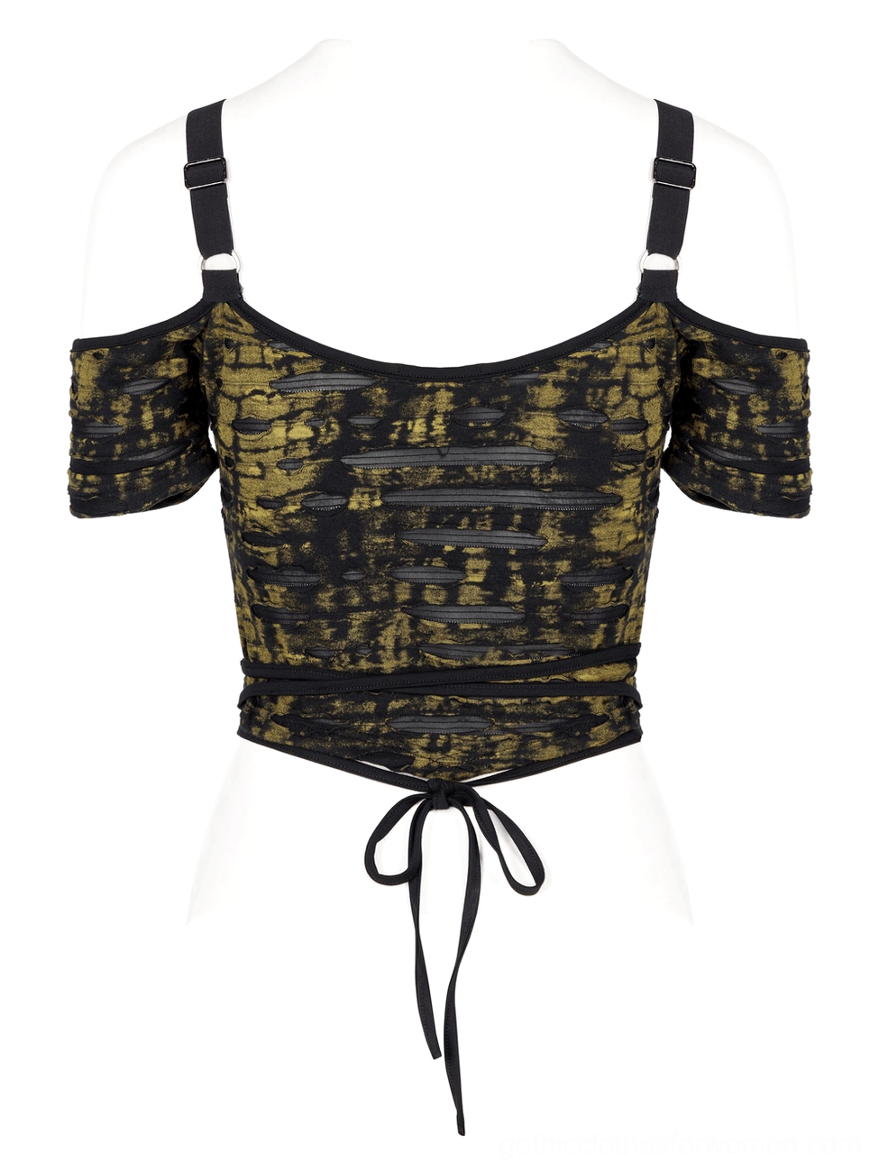 Black crop top back view showing tie-back closure and cropped silhouette on mannequin