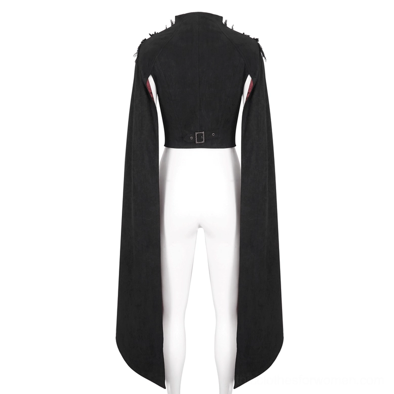 Black gothic crop top rear view on mannequin with adjustable waist belt and embellished shoulder piece