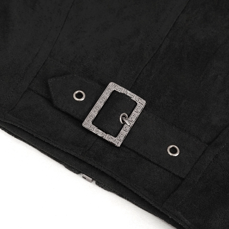 Gothic crop top waist buckle close-up showing vintage square metal buckle on black suede fabric