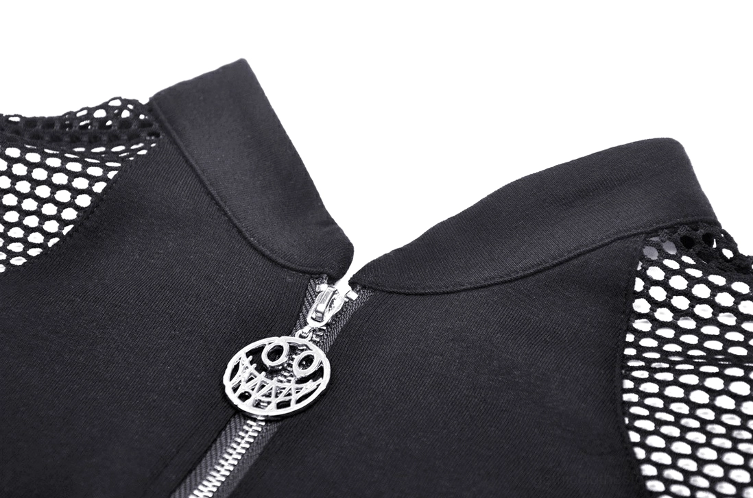 Close-up detail of metal zipper stand collar and mesh fabric trim on gothic crop top