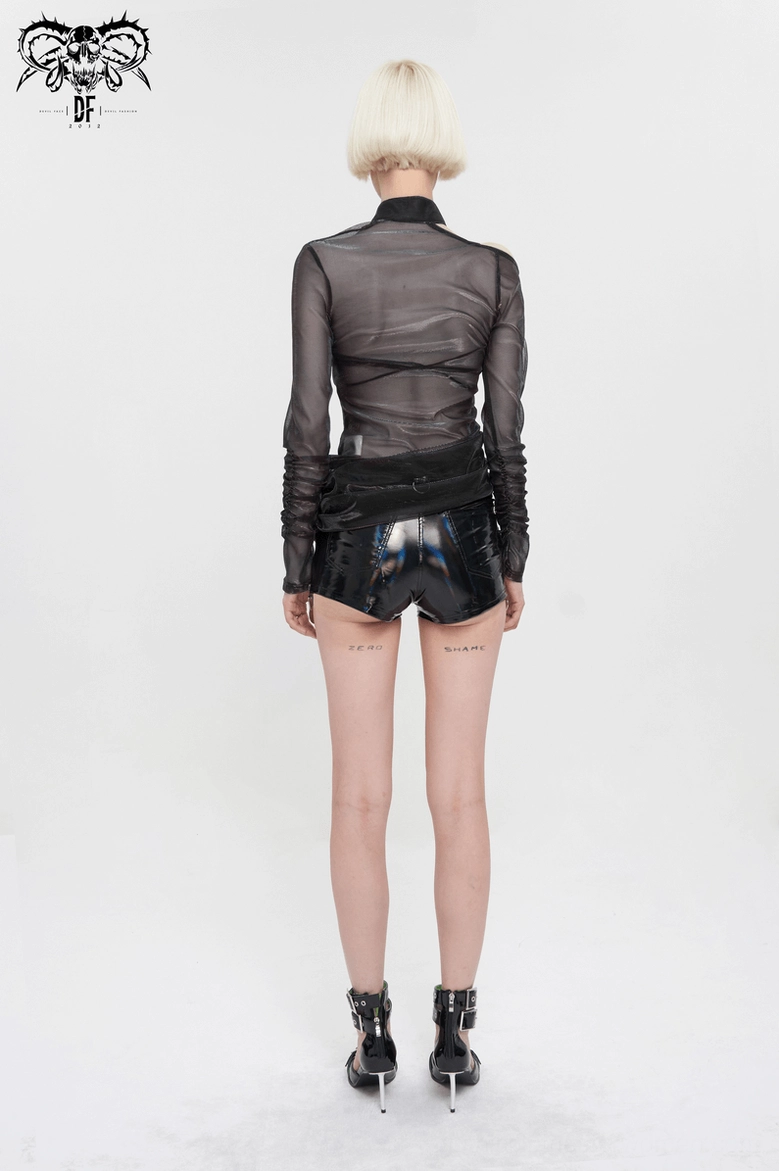 Black gothic crop top zipper neck collar close-up detail showing high-neck industrial aesthetic design