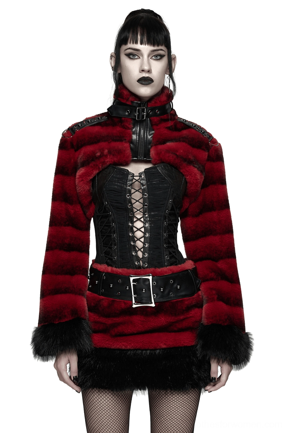 burgundy striped faux fur gothic cropped jacket front view on model with stand collar and studded shoulders
