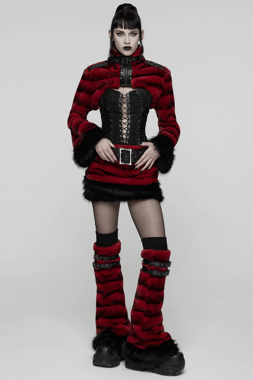 burgundy striped gothic faux fur cropped jacket on model showcasing loose relaxed fit and proportion