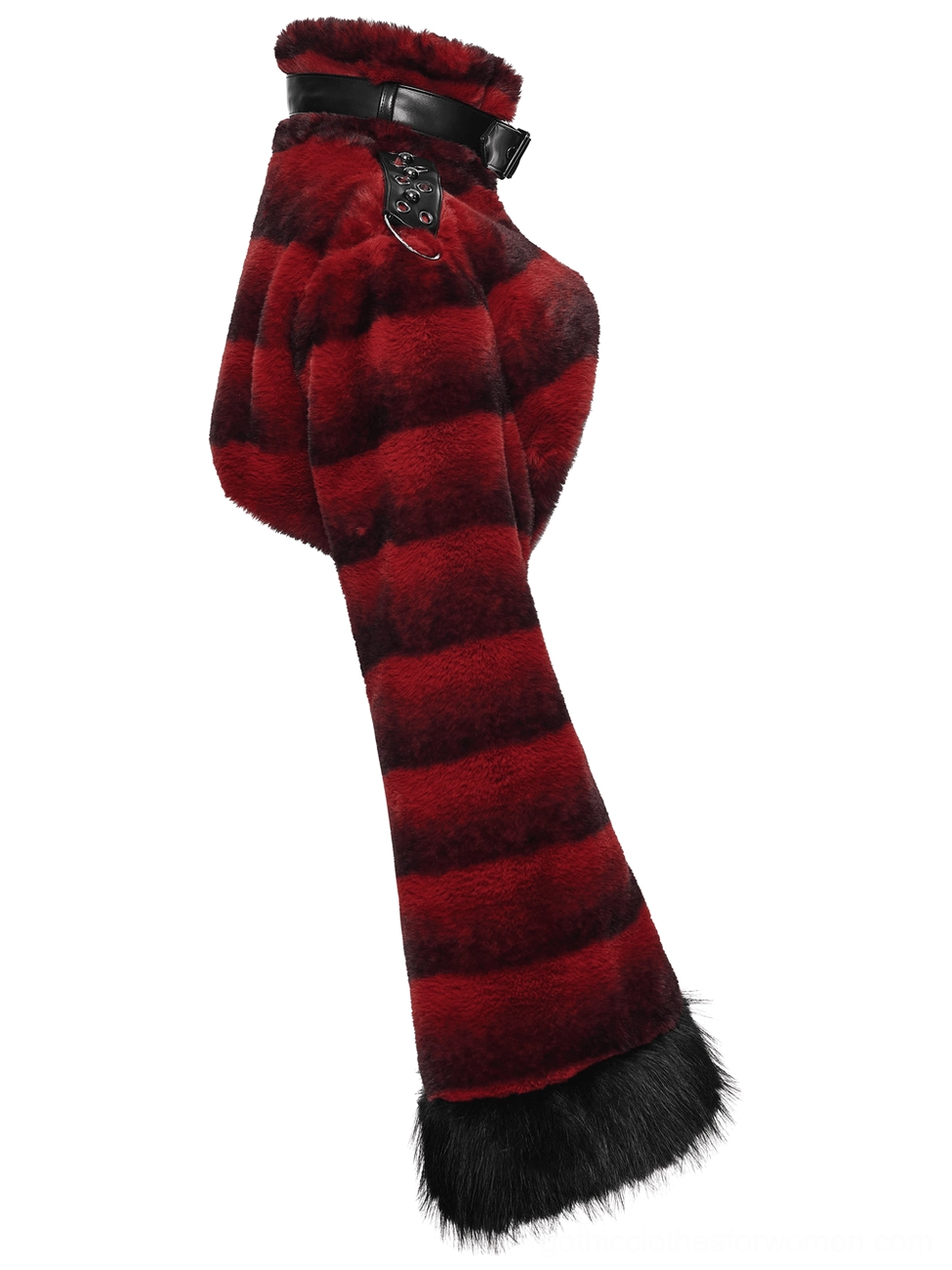 side view of women's burgundy faux fur gothic jacket showing single sleeve with black fur trim