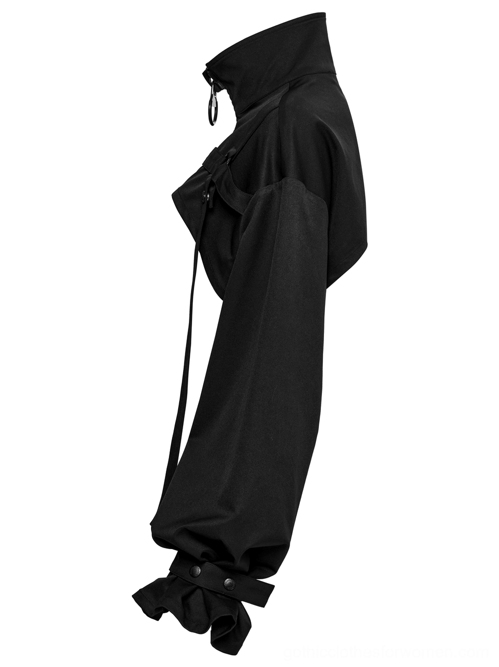 Black gothic cropped jacket side view showing adjustable side strap and ruffled cuff details